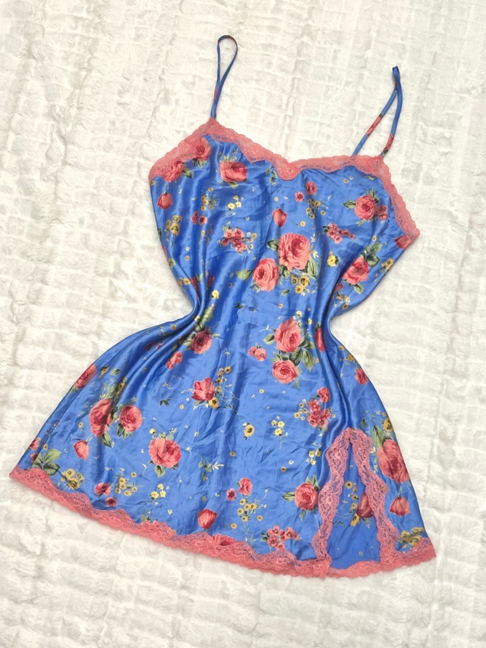2002 Vintage Victoria's Secret Blue Floral Slip with Pink Lace Trim size M